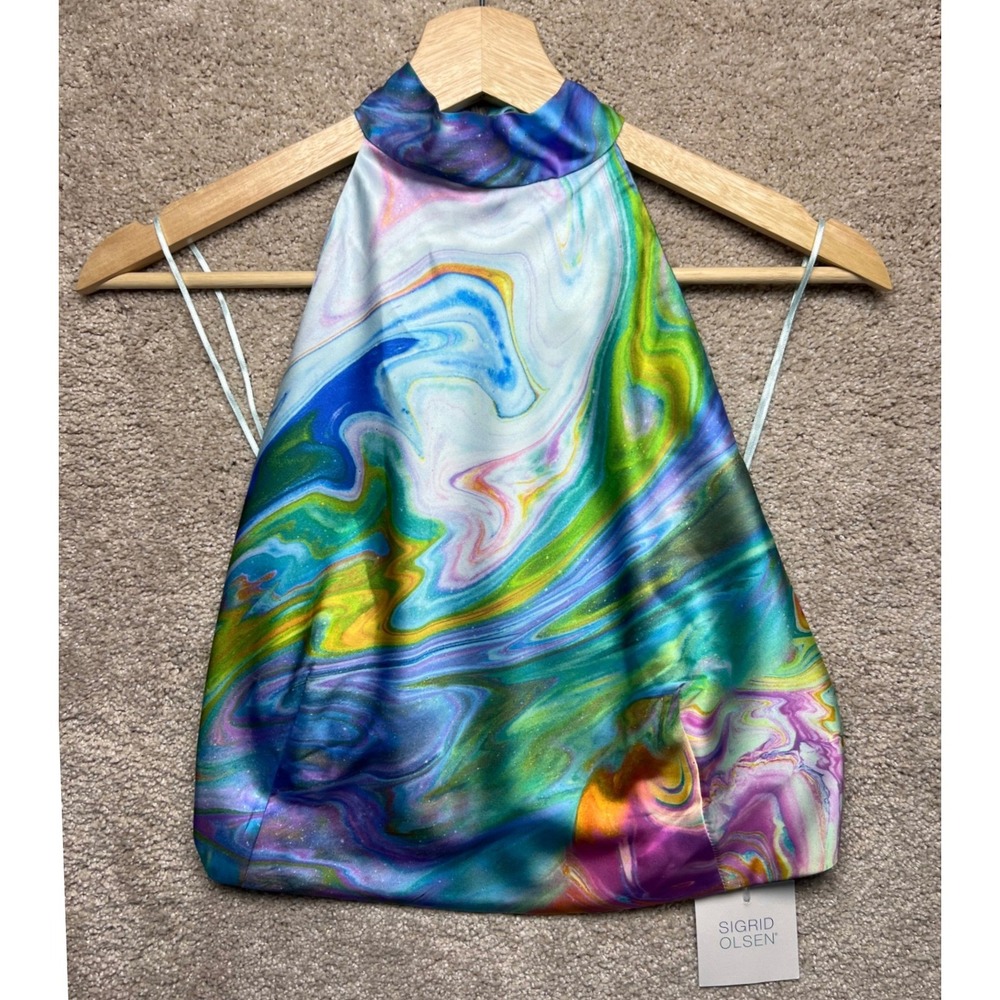 Sigrid Olsen Halter Neck Swirl Print Smocked Back Crop Top Boho Festival Beach S